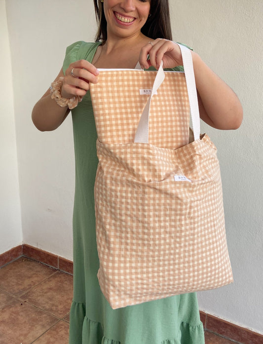 TOTE BAG - vichy MELOCOTÓN hecho artesanalmente en España.