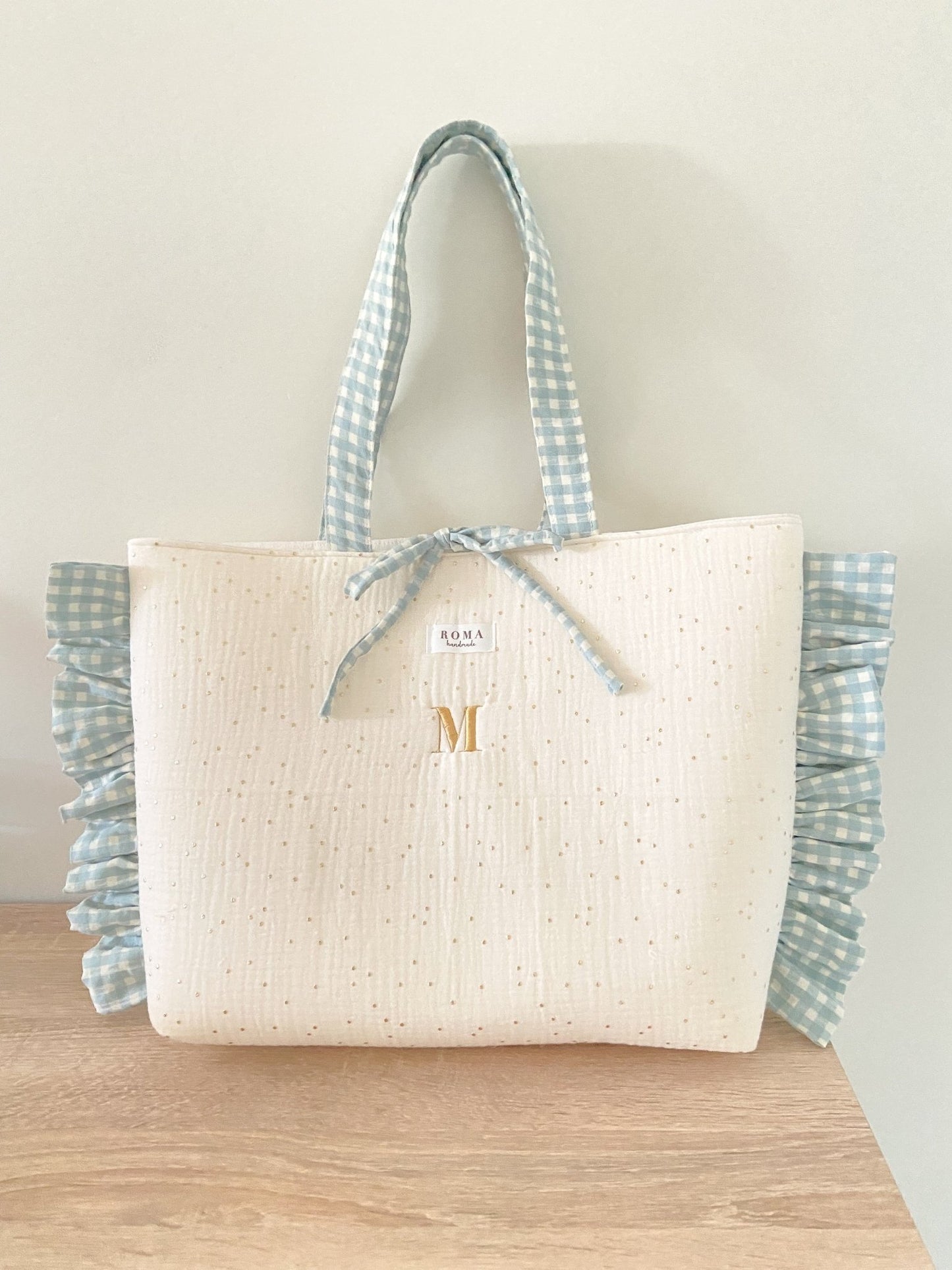 Bolso GOLDEN + volantes VICHY AQUA hecho artesanalmente en España.