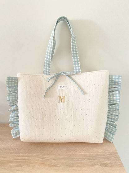 Bolso GOLDEN + volantes VICHY AQUA hecho artesanalmente en España.