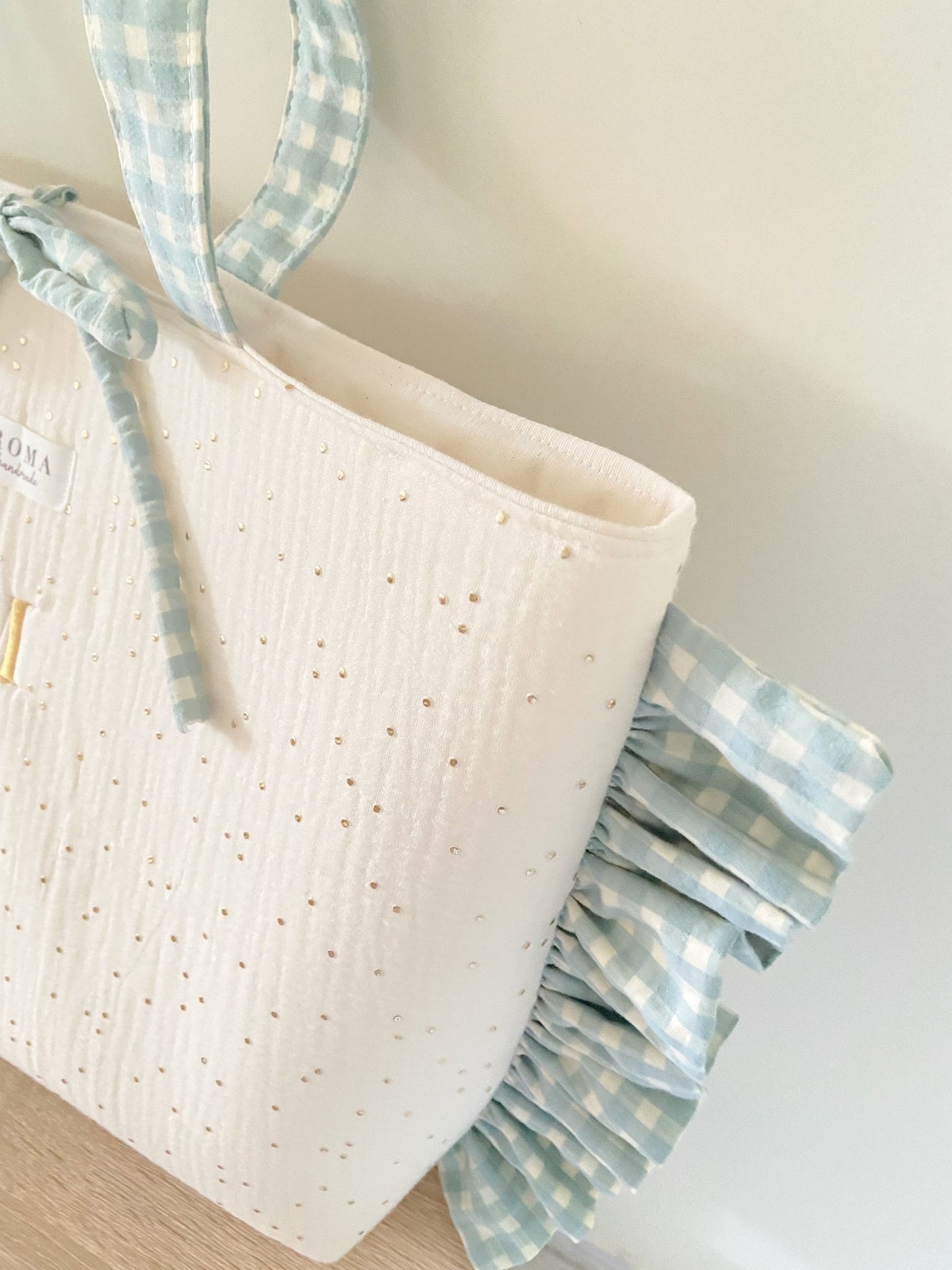 Bolso GOLDEN + volantes VICHY AQUA hecho artesanalmente en España.