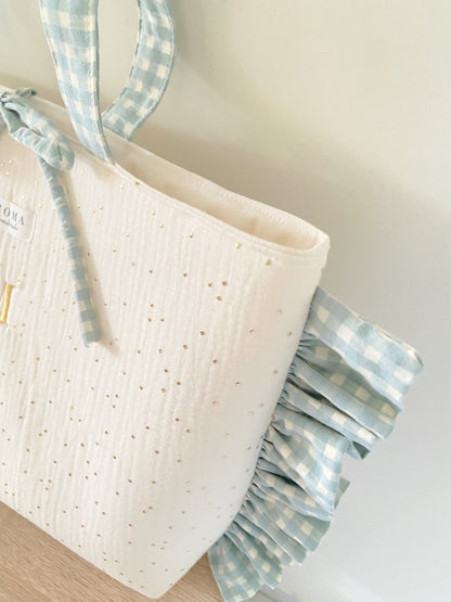 Bolso GOLDEN + volantes VICHY AQUA hecho artesanalmente en España.