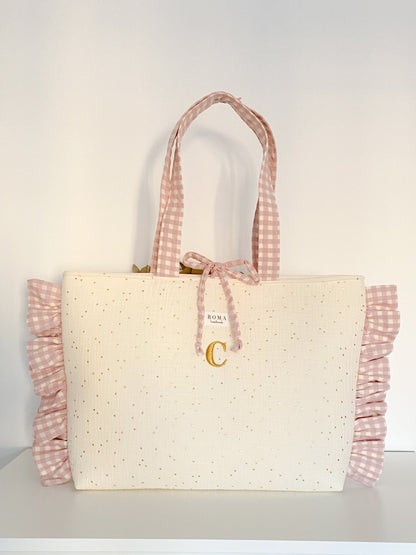 Bolso GOLDEN + volantes VICHY ROSA hecho artesanalmente en España.