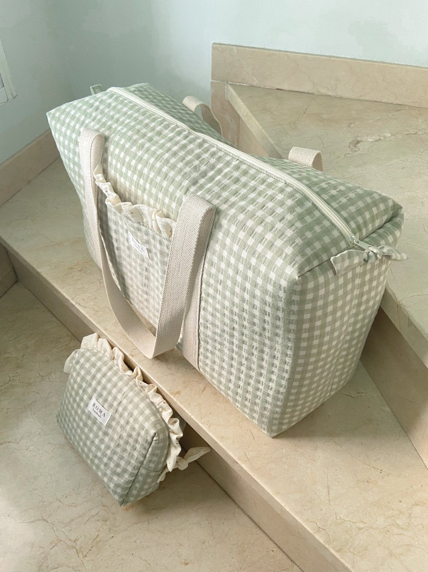 Bolso viaje o deporte - VICHY VERDE + Golden hecho artesanalmente en España.