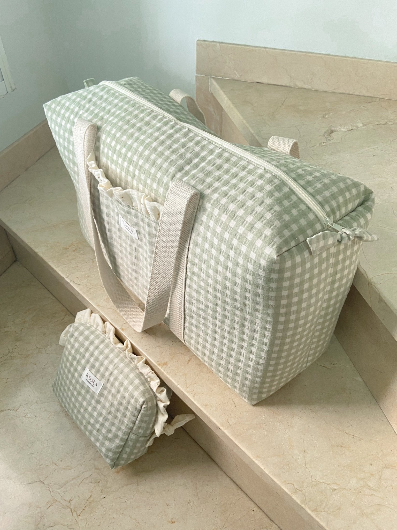 Bolso viaje o deporte - VICHY VERDE + Golden hecho artesanalmente en España.