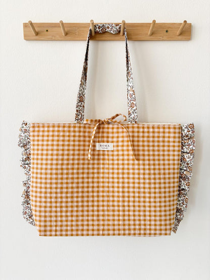 Bolso VICHY CARAMELO + volantes BRUNA hecho artesanalmente en España.