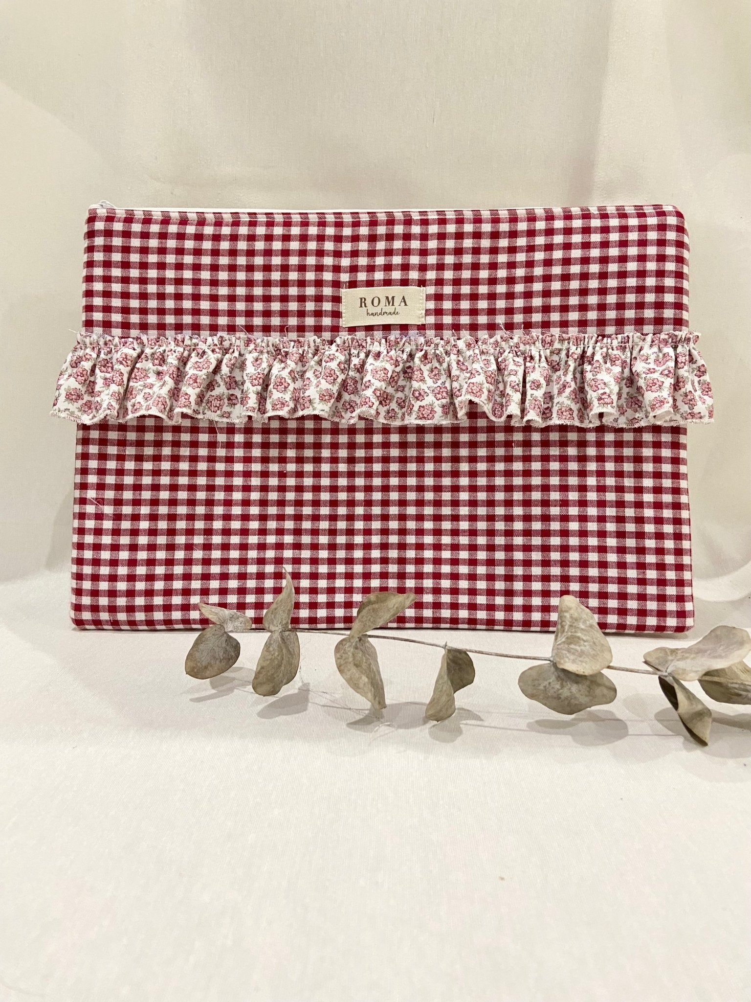 Funda ordenador o tablet VICHY BURDEOS + VOLANTE hecho artesanalmente en España.