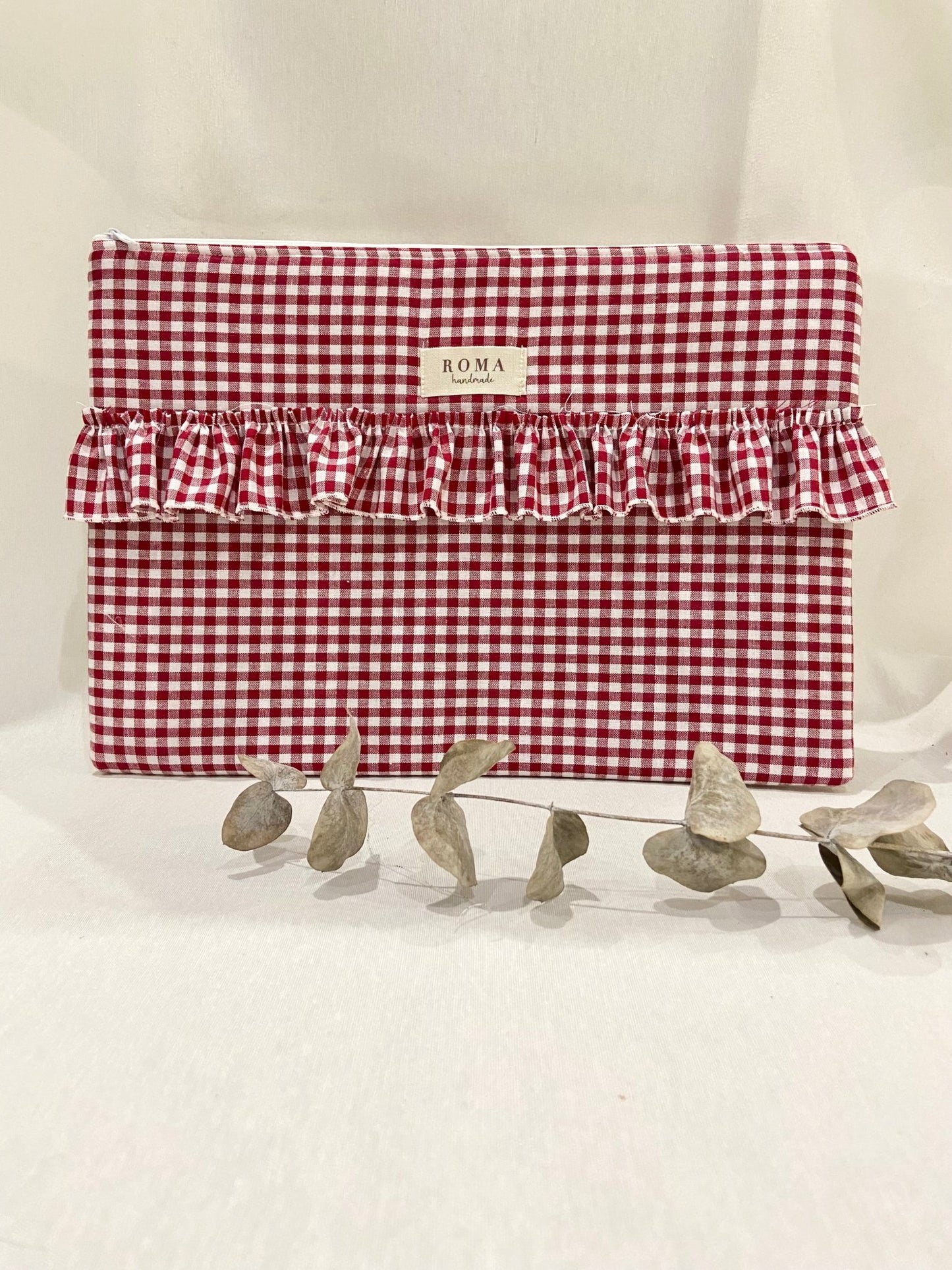 Funda ordenador o tablet VICHY BURDEOS + VOLANTE hecho artesanalmente en España.