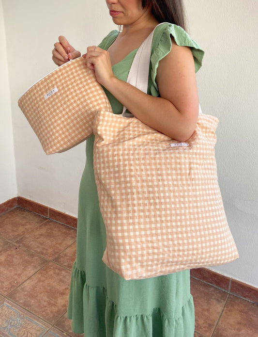 TOTE BAG - vichy MELOCOTÓN hecho artesanalmente en España.